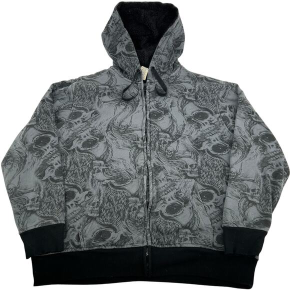 VTG y2k Men's Faded Glory Sherpa Lined Skulls AOP Graphic Hoodie Sweatshirt Sz L - Picture 1 of 5